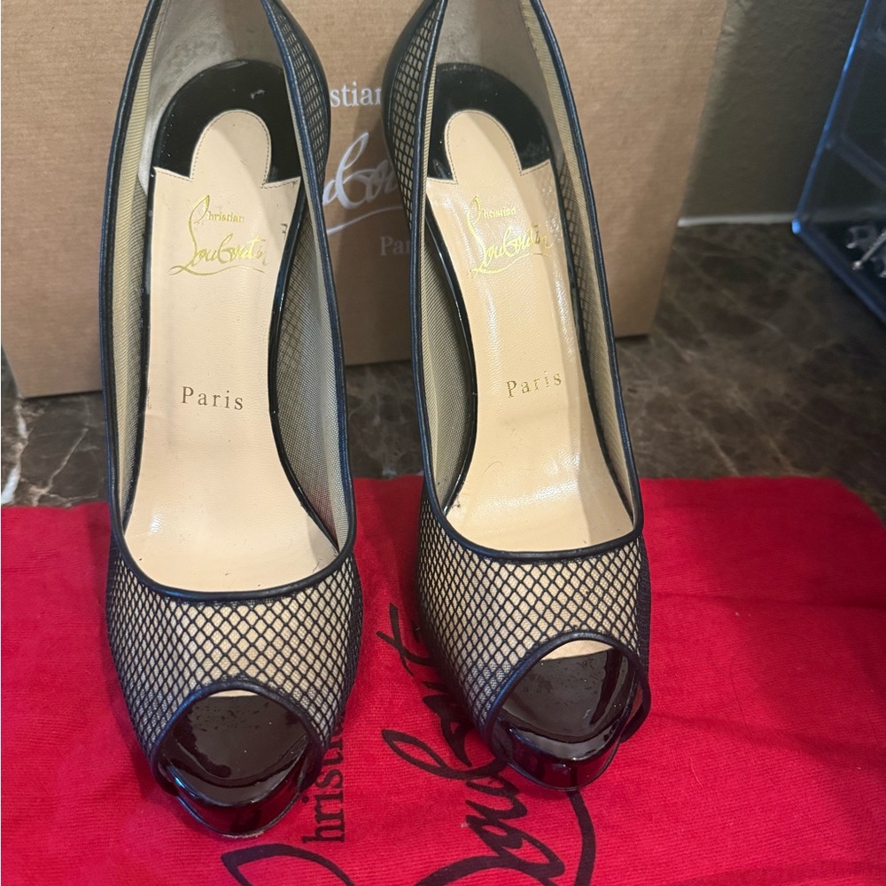 Christian Louboutin Black and Cream Mesh Peep-Toe Heels 9